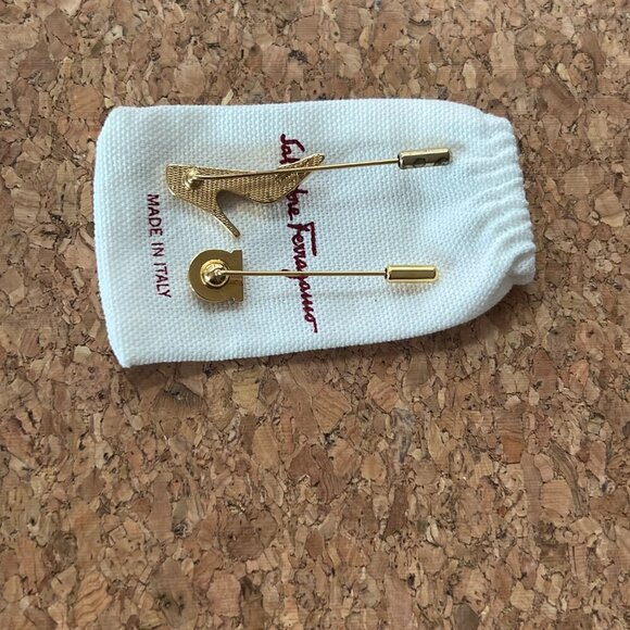 Ferragamo Men 2 Gancini Gold Tone Crystal Lapel Scarf Tie Stick Pin NWOT - Picture 8 of 9